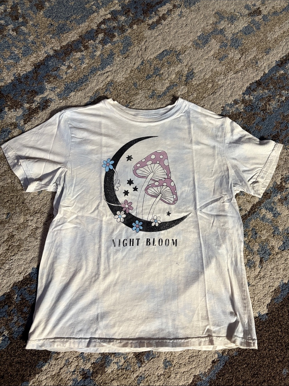 Mighty Fine White Tee with Pink Mushroom Moon Graphic